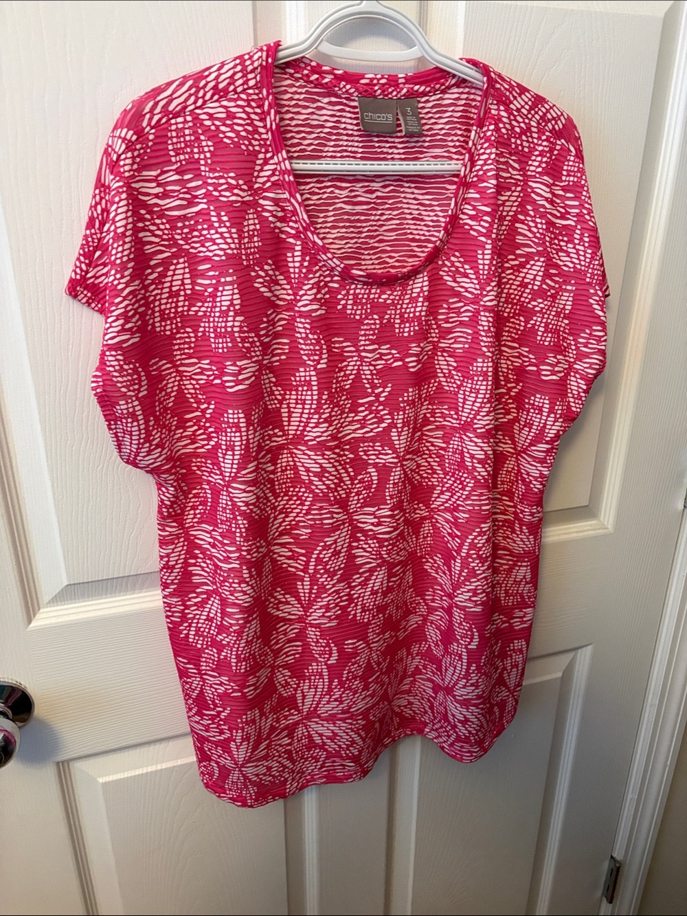Chico's Hot Pink & White Printed Scoop Neck Top